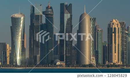Skyline of Doha timelapse in Qatar in the very early morning Skyline of Doha timelapse in Qatar in the very early morning 128045829