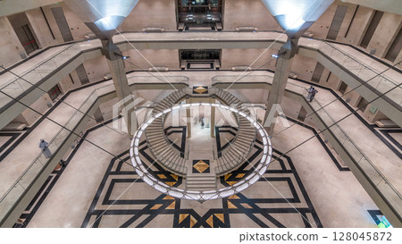 Inside view of the iconic Museum of Islamic Art building timelapse. 128045872