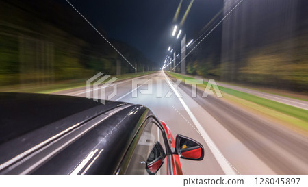 Drivelapse from top Side of Car moving on a night highway timelapse hyperlapse 128045897