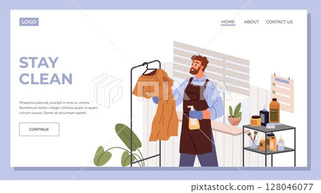 Stay clean landing page template. Dry cleaning service concept. Young man cleaner laundry worker stands near reception counter and cleans dress hanging on hanger. Clothing industry and garment care Stay clean landing page template. Dry cleaning service concept. Young man cleaner laundry worker stands near reception counter and cleans dress hanging on hanger. Clothing industry and garment care 128046077