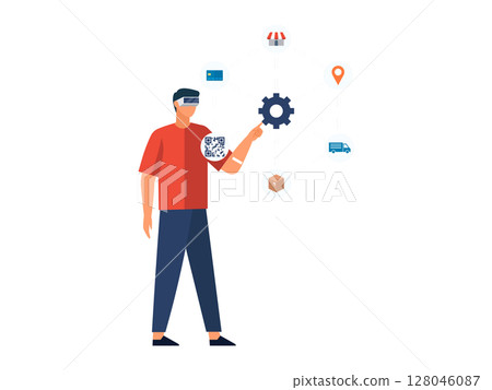 A man uses augmented reality, holding a virtual gear and QR code with a headset on. Ideal for technology, e-commerce, logistics, virtual reality, innovation, and future technology themes. Simple flat 128046087