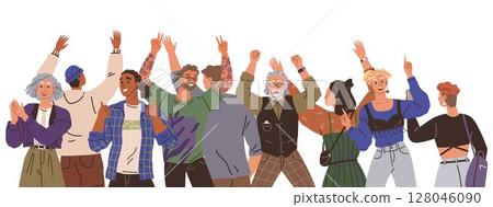 A diverse group of animated people raises their hands in celebration. Highlighting unity and community. Ideal for diversity inclusion events community celebration social gatherings and teamwork 128046090
