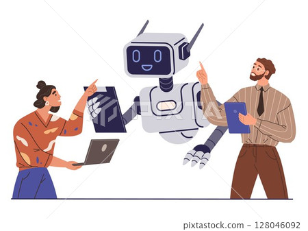 A robot interacts with two people holding devices and pointing. Ideal for teamwork technology collaboration innovation workplace automation AI futuristic business digital solutions human-robot 128046092