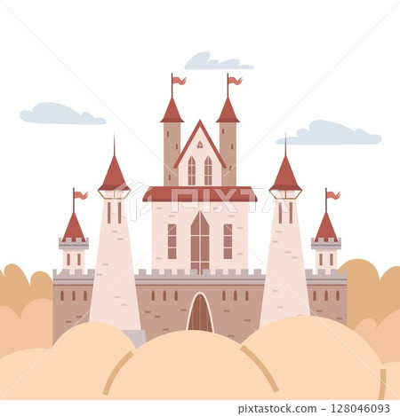 A detailed castle with red rooftops and multiple towers stands majestically. Surrounded by fluffy clouds and distant trees. Ideal for historical, fantasy, fairy tales, children stories, medieval 128046093