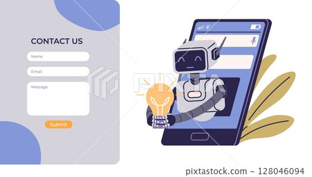 Robot with a lightbulb in hands coming out of a smartphone, next to a contact us form. Ideal for customer service, AI technology, online support, innovation, and communication themes. Modern vector Robot with a lightbulb in hands coming out of a smartphone, next to a contact us form. Ideal for customer service, AI technology, online support, innovation, and communication themes. Modern vector 128046094