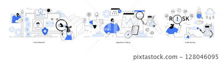 Magnifying glass, computer screens, charts, graphs, people analyzing data, puzzle pieces, and icons. Ideal for AI, data analytics, fraud detection, credit scoring, training algorithms risk 128046095
