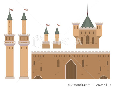 Brown medieval castle with towers, walls, and flags on turrets. Includes multiple tall towers with red flags and a central fortified structure. Ideal for historical themes fantasy themes educational 128046107