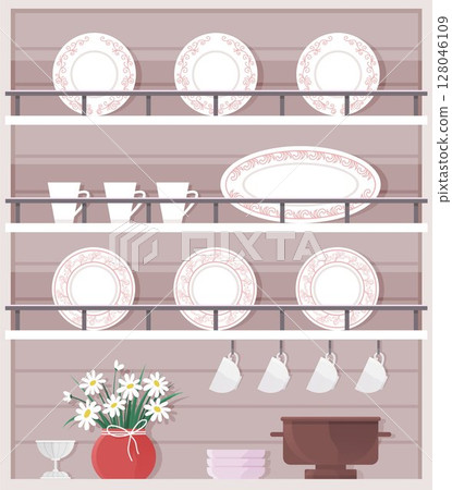 Neatly organized kitchen shelf displaying decorative plates, cups, bowls, and a flower vase. Ideal for home decor, kitchen organization, interior design, culinary themes, and lifestyle inspiration Neatly organized kitchen shelf displaying decorative plates, cups, bowls, and a flower vase. Ideal for home decor, kitchen organization, interior design, culinary themes, and lifestyle inspiration 128046109