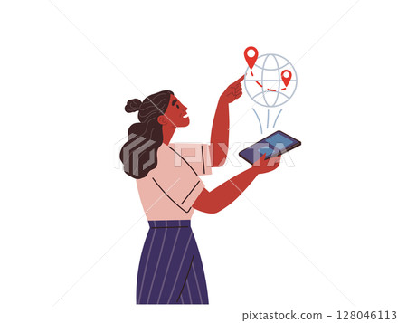 Manager studying destination map with marks. Woman seller works with world map with markers of buyers for worldwide delivery. International global logistics and cargo, postal mail delivery service Manager studying destination map with marks. Woman seller works with world map with markers of buyers for worldwide delivery. International global logistics and cargo, postal mail delivery service 128046113