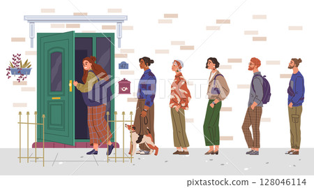 A diverse group of six people, including a woman with a dog, are lined up outside a building with a green door. Ideal for community, diversity, urban life, social interaction, inclusivity. Modern 128046114