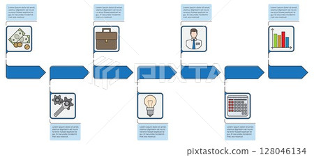 Blue arrow flowchart with square boxes containing icons of money, briefcase, doctor, graphs, tools, bulb, calculator. Boxes have text. Ideal for business presentations, process optimization, project Blue arrow flowchart with square boxes containing icons of money, briefcase, doctor, graphs, tools, bulb, calculator. Boxes have text. Ideal for business presentations, process optimization, project 128046134