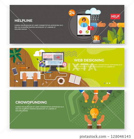 Business banners set crowdfunding, web designing and helpline. Collective collaboration of people who voluntarily pool resources together. Telephone service that offers assistance to those who call 128046143