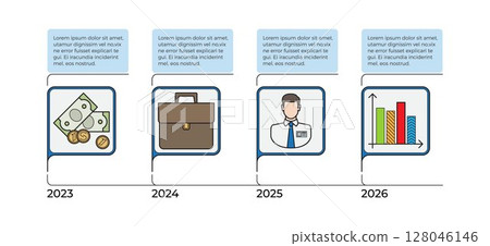 A timeline from 2023 to 2026 with icons representing money and coins, a briefcase, a businessperson, and a bar graph. Ideal for business planning, financial growth, project management, career A timeline from 2023 to 2026 with icons representing money and coins, a briefcase, a businessperson, and a bar graph. Ideal for business planning, financial growth, project management, career 128046146