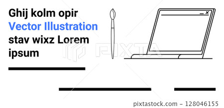 Laptop, paintbrush, and placeholder text create a clean design emphasizing technology and creativity. Ideal for web design, tech tutorials, digital marketing, creative portfolios, content creation 128046155