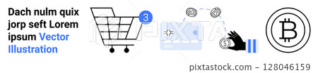 Shopping cart, credit card, and hand exchanging money, Bitcoin symbol. Ideal for e-commerce, payment technology, digital transactions, modern finance, online stores, cryptocurrency, fintech. Landing 128046159