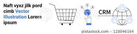 Shopping cart, HR button with arrows, and CRM network icons with text blocks. Ideal for e-commerce, human resources, customer relationship management, digital marketing, business analytics, online 128046164