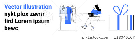 Professional figure examines large blue gift box with bow near clothing rack with business suit. Ideal for rewards, shopping, fashion, corporate gifts, appreciation, surprises, bonuses. Landing page Professional figure examines large blue gift box with bow near clothing rack with business suit. Ideal for rewards, shopping, fashion, corporate gifts, appreciation, surprises, bonuses. Landing page 128046167