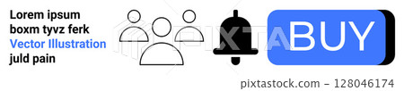 Contact group icons, notification bell, blue buy button, and placeholder text Lorem ipsum in a clean, minimalist design. Ideal for web design, user interfaces, e-commerce, and online notifications 128046174
