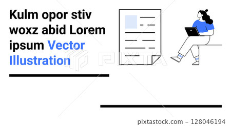 Person seated reading document on laptop. Placeholder text on digital paper. Clean style, blue accents. Ideal for remote work, tech, content creation, education, productivity, digital media. Landing 128046194