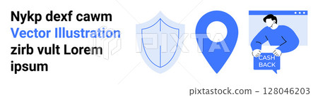 Shield icon, map location pin, person holding cashback sign in browser window. Ideal for security apps, GPS navigation, e-commerce promotions, fintech services, online shopping, customer rewards Shield icon, map location pin, person holding cashback sign in browser window. Ideal for security apps, GPS navigation, e-commerce promotions, fintech services, online shopping, customer rewards 128046203