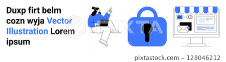 Person working on laptop, secure lock symbol, and online storefront interface. Ideal for cybersecurity, online shopping, data protection, e-commerce, web design, digital marketing, IT security 128046212