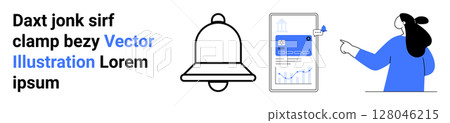 Bell icon, mobile phone displaying a notification with a chart, person pointing. Ideal for notifications, app design, user interface, business analytics, communication, digital alerts, social media 128046215