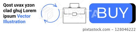 Text section, circular arrows indicating process, briefcase symbolizing business, and blue BUY button. Ideal for e-commerce, business websites, transactions, workflow visualization, online 128046222
