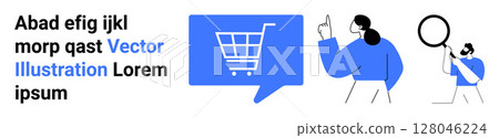 Blue cart icon inside chat bubble, person pointing up, person with magnifying glass. Ideal for e-commerce, customer support, online shopping, analysis, communication, user experience, modern design Blue cart icon inside chat bubble, person pointing up, person with magnifying glass. Ideal for e-commerce, customer support, online shopping, analysis, communication, user experience, modern design 128046224