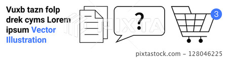Document icon, speech bubble with question mark, and shopping cart with notification badge. Ideal for e-commerce, online support, documents, FAQs, shopping notifications, customer service, digital Document icon, speech bubble with question mark, and shopping cart with notification badge. Ideal for e-commerce, online support, documents, FAQs, shopping notifications, customer service, digital 128046225