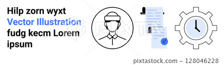 Avatar of a professional, documents with a checkmark, and a gear icon with a clock. Ideal for business services, project management, HR, efficiency, workflow optimization, corporate operations 128046228