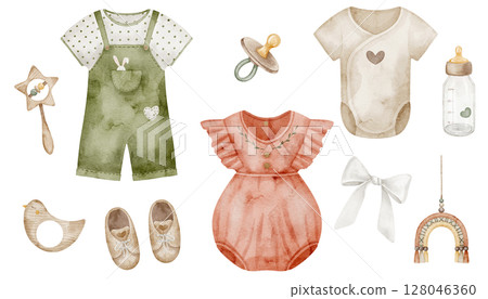 Watercolor illustration of neutral toned Baby Items including clothing, bottle, pacifier, shoes, and accessories. Drawing for childish design, nursery decor, or baby shower and newborn greeting cards. 128046360