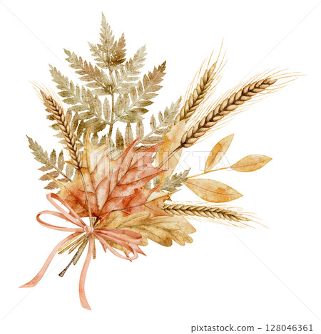 Watercolor illustration of Autumn Bouquet with oak Leaves, maple foliage, fern, dry herbs and wheat ears tied with red ribbon. Botanical drawing of Fall plants for invitations or greeting cards. Watercolor illustration of Autumn Bouquet with oak Leaves, maple foliage, fern, dry herbs and wheat ears tied with red ribbon. Botanical drawing of Fall plants for invitations or greeting cards. 128046361
