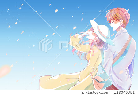 Men and women smiling happily side by side, going out, cherry blossom storm 128046391