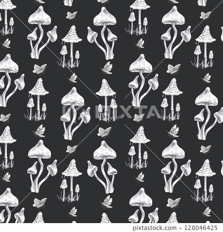 Seamless pattern with poisonous mushrooms and moths. Pencil illustration on a black background for packaging design, printing on posters, fabric, interior design for Halloween. Seamless pattern with poisonous mushrooms and moths. Pencil illustration on a black background for packaging design, printing on posters, fabric, interior design for Halloween. 128046425