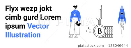 Business professional holding a folder, Bitcoin blockchain circuit with microchip connections, rocket launch. Ideal for business, technology, fintech, cryptocurrency, blockchain, innovation, startup 128046644