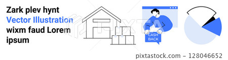 Warehouse line drawing with boxes, man holding cash back sign, pie chart. Ideal for e-commerce, logistics, finance, presentations, web design, marketing, app development. Landing page 128046652