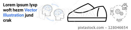 Shoe outline, cognitive process exchange icon with heads and arrows, and a home automation icon with gears and house. Ideal for technology, innovation, fashion, communication, cognitive science 128046654