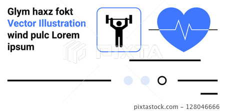 Weightlifter lifting barbell icon, blue heart with ECG line, text blocks. Ideal for fitness, health, wellness, exercise, medical, gym, lifestyle Landing page 128046666