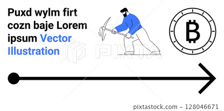 Man in blue shirt and white pants using a pickaxe to mine Bitcoin, cryptocurrency icon, and long black arrow line with circle end. Ideal for cryptocurrency, mining, fintech, digital currency 128046671