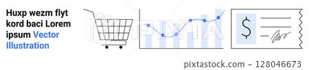 Shopping cart, line chart with data points, signed receipt reflect the growth of e-commerce. Ideal for finance, business growth, online retail, data analysis, marketing, financial planning, website 128046673