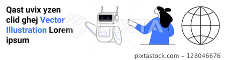 Woman pointing at robot, text block to the left, and globe outline on the right. Ideal for technology, innovation, global communication, AI, data science, digital marketing, and educational Woman pointing at robot, text block to the left, and globe outline on the right. Ideal for technology, innovation, global communication, AI, data science, digital marketing, and educational 128046676