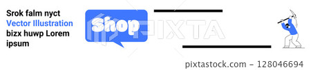 Shop bubble in blue next to placeholder text and a cartoon character using a pickaxe. Ideal for e-commerce, online shopping, web ads, business promotion, and website banners. Banner landing page Shop bubble in blue next to placeholder text and a cartoon character using a pickaxe. Ideal for e-commerce, online shopping, web ads, business promotion, and website banners. Banner landing page 128046694
