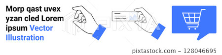 Two hands, one holding a blank card and the other a shopping cart in a speech bubble. Ideal for e-commerce, online shopping, payment methods, communication, graphic design, marketing, user interface Two hands, one holding a blank card and the other a shopping cart in a speech bubble. Ideal for e-commerce, online shopping, payment methods, communication, graphic design, marketing, user interface 128046695