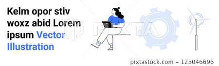 Woman with laptop, gear, wind turbine. Ideal for tech, energy, innovation, work from home, productivity, sustainable development engineering Landing page Woman with laptop, gear, wind turbine. Ideal for tech, energy, innovation, work from home, productivity, sustainable development engineering Landing page 128046696
