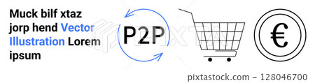 P2P transaction symbol with circular arrows, shopping cart, and euro currency icon. Ideal for e-commerce, online transactions, fintech, marketplaces, retail, digital payment solutions, shopping 128046700