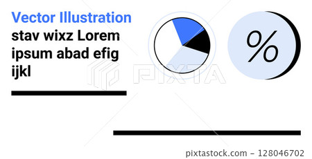 Blue, white pie chart and percentage symbol with placeholder text. Ideal for business analytics, financial reports, data presentation, educational material, infographics, marketing campaigns Blue, white pie chart and percentage symbol with placeholder text. Ideal for business analytics, financial reports, data presentation, educational material, infographics, marketing campaigns 128046702