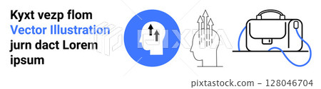 Head with arrows in blue circle, brain silhouette with upward arrows, business bag with handle. Ideal for presentations, business growth, personal development, education, corporate websites, startup 128046704