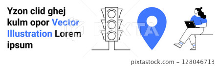 Traffic light with three signals, blue map pin, and woman sitting with laptop. Ideal for navigation, education, urban planning, technology, connectivity, online learning, information dissemination Traffic light with three signals, blue map pin, and woman sitting with laptop. Ideal for navigation, education, urban planning, technology, connectivity, online learning, information dissemination 128046713