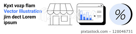 E-commerce storefront, analytics graph, and percentage icon highlighting business growth themes. Ideal for sales, marketing, finance, e-commerce, data analysis, business strategy, presentations 128046731