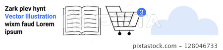 Open book icon, shopping cart icon with notification badge showing number 3, cloud icon, text elements. Ideal for digital reading, online shopping, cloud storage, UIUX design, e-commerce, libraries Open book icon, shopping cart icon with notification badge showing number 3, cloud icon, text elements. Ideal for digital reading, online shopping, cloud storage, UIUX design, e-commerce, libraries 128046733